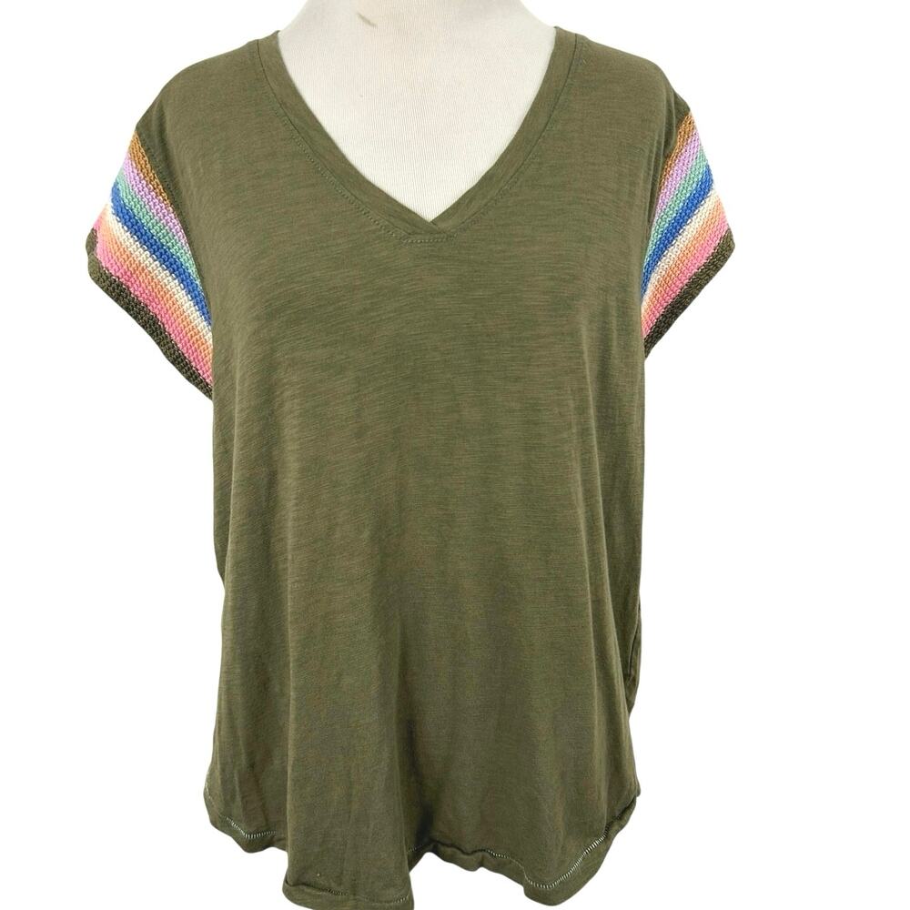 Democracy Olive Green Crochet Rainbow Stripe Sleeve Boho V Neck Top XL
